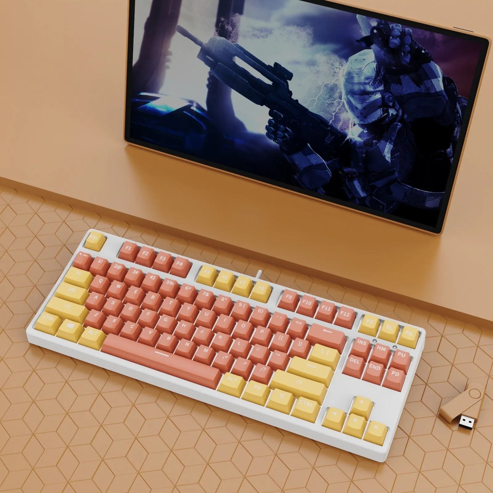 87-key wired mechanical keyboard with two-tone keycaps, shown with switch puller and cleaning brush