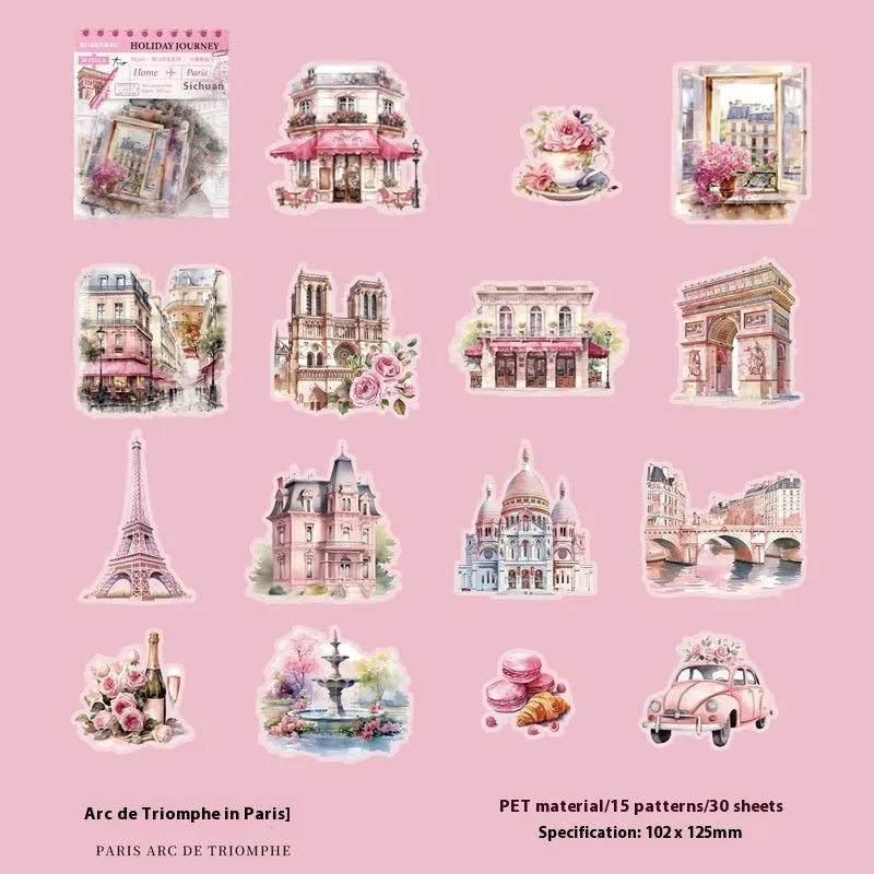 Holiday Journey Series architecture journal stickers showing retro designs of global landmarks