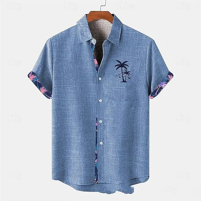 Linen short-sleeve top for teenagers with a loose fit and an ocean fish pattern on the lapel.
