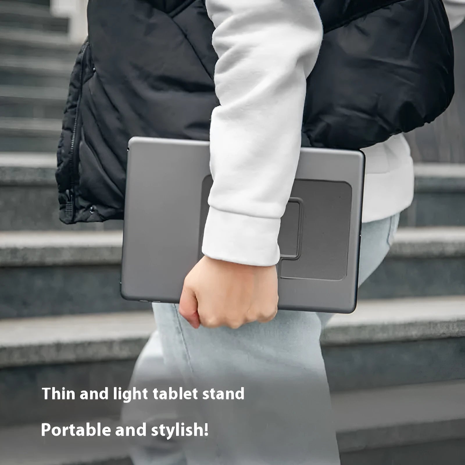 Multi angle lightweight folding magnetic flat bracket for 9.7-13 inch tablet in Oxford dark black with suction cup mount