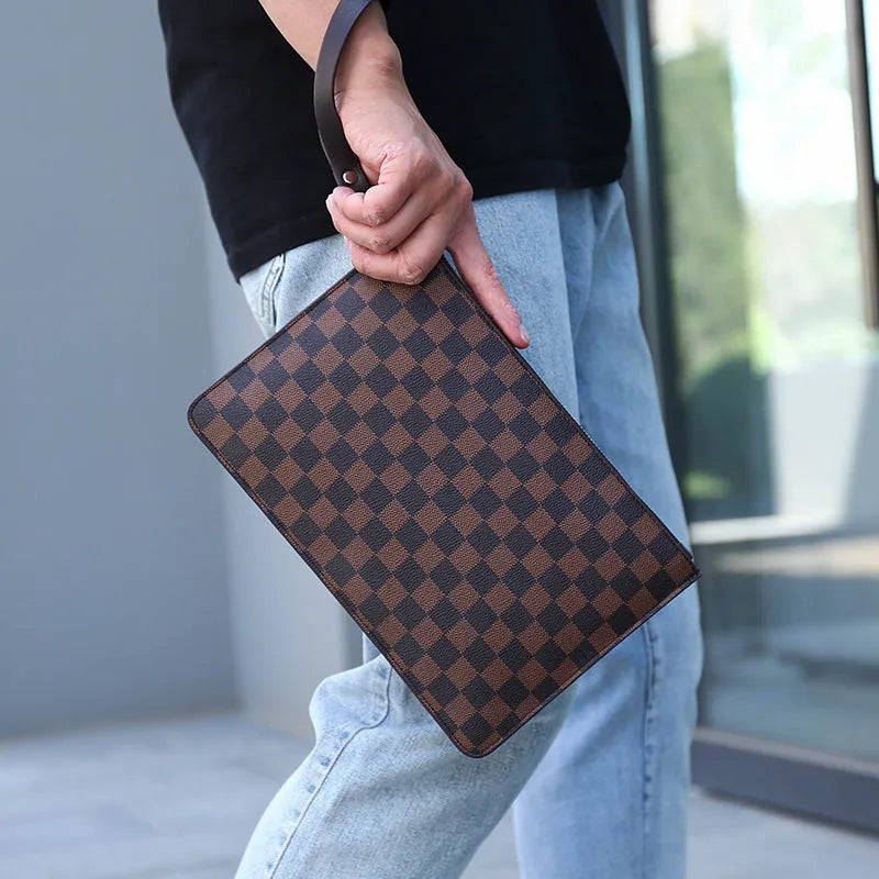 Men's black checkered PU leather clutch wallet showing six card slots and zipper pocket