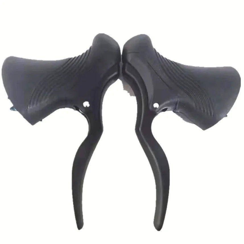 Pair of black aluminium road bicycle brake handles for 22.2mm and 23.8mm handlebars.