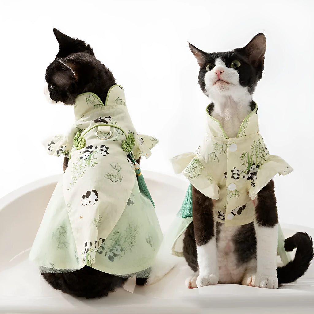 Chinese style panda bamboo leaf woven fabric cat skirt on a cat, buckle vest design