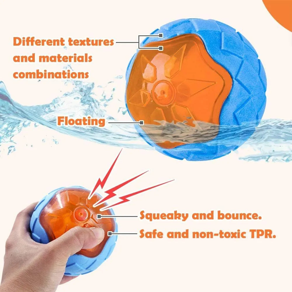 Set of three TPR dog toys: a red ball, a blue barbell, and an orange tire, floating in water.