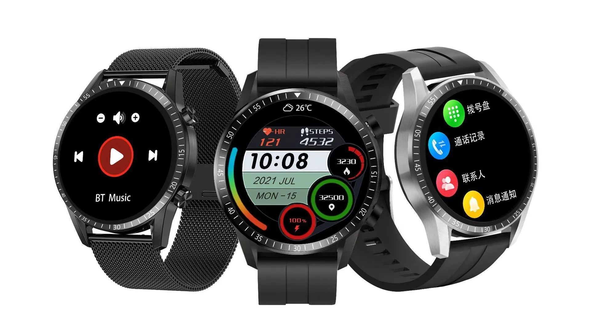 Round smartwatch with aluminium alloy case on wrist, showing touch screen displaying time and heart rate.