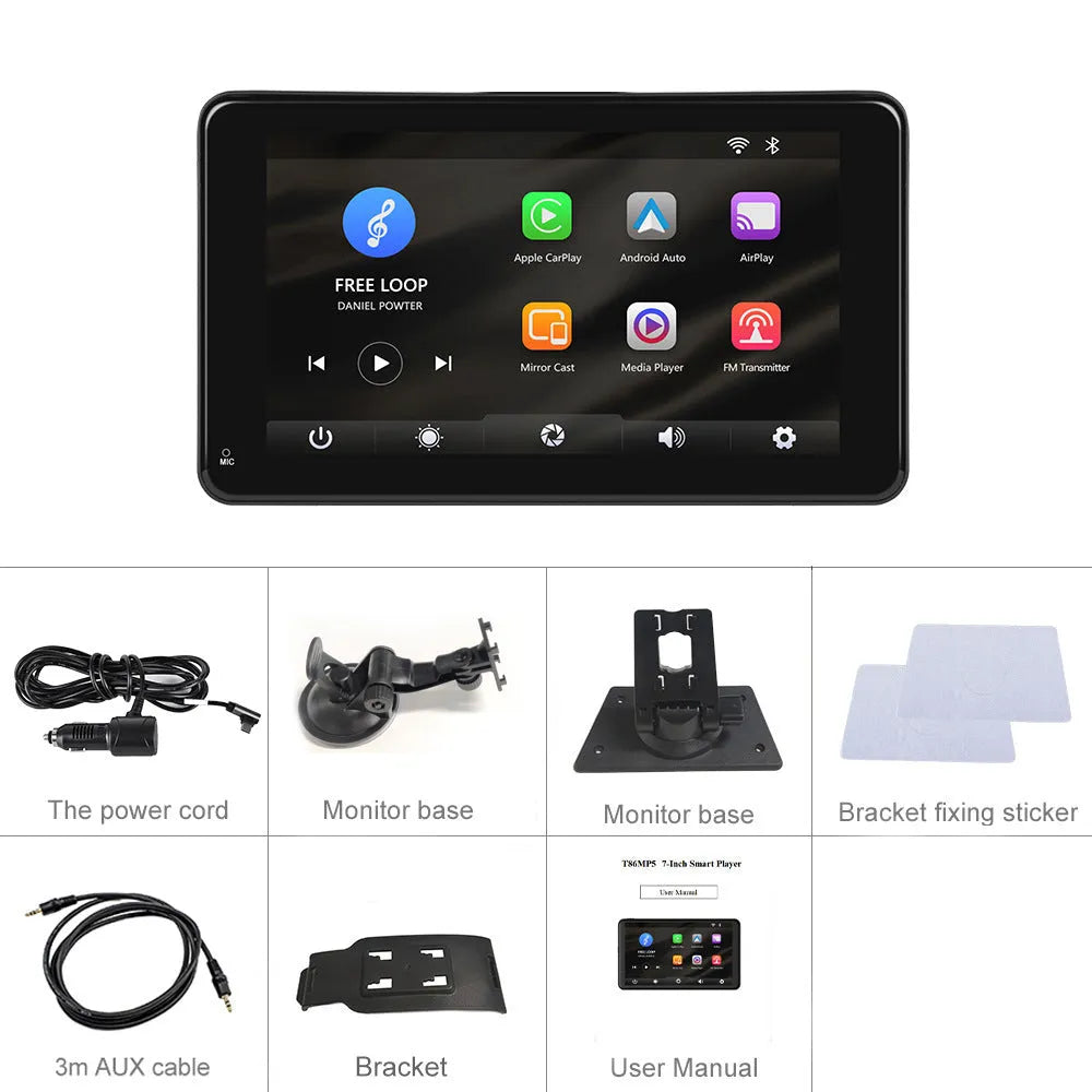 7-inch HD wired screen player with universal suction cup and vertical stand mounts on a grey background.
