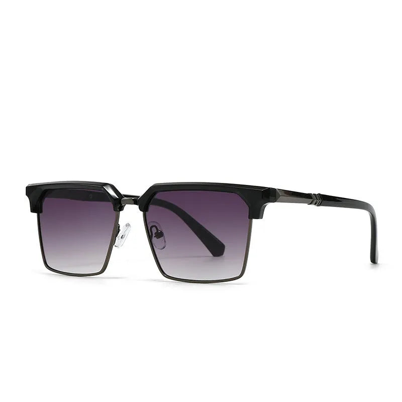 Men's square box-style sunglasses with plastic frames, shown in multiple colour options including black, tea, green, and blue.