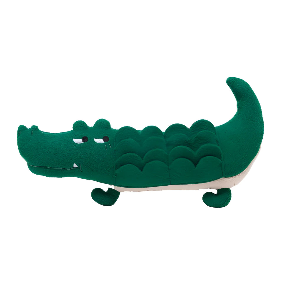 Green durable plush toy dog soft toy measuring 35 cm long.
