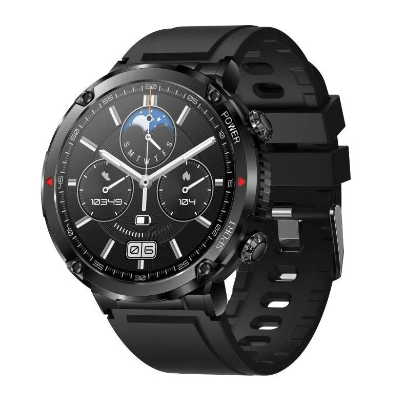 Black T30 smartwatch with a silicone strap on a wrist, displaying a health stats screen.