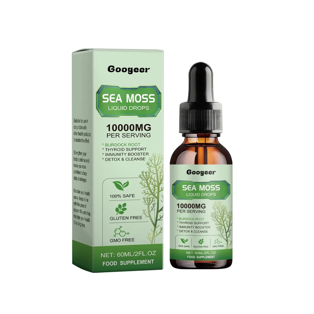 Sea moss liquid drops body treatment bottle with 60ml capacity measuring 3.3x3.3x12cm