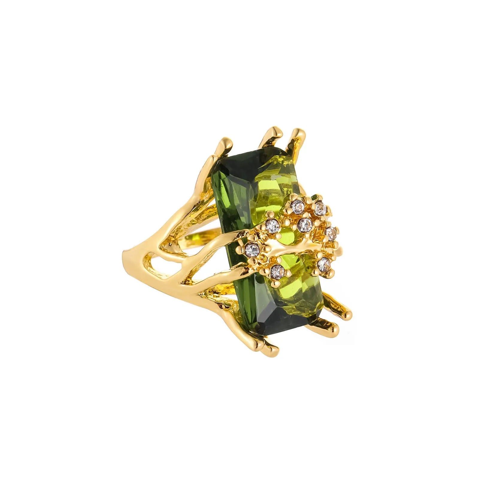 Lady's gold toned zinc alloy ring with navy blue inlaid diamond style stone