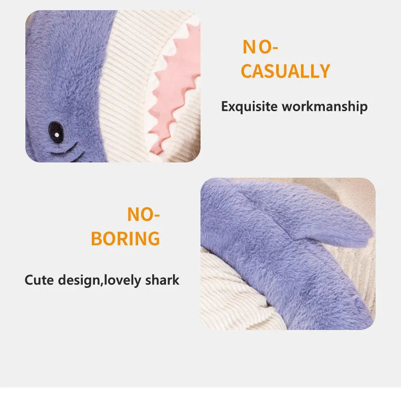 Blue shark pattern velvet pet bed cushion with PP cotton filling on wooden floor