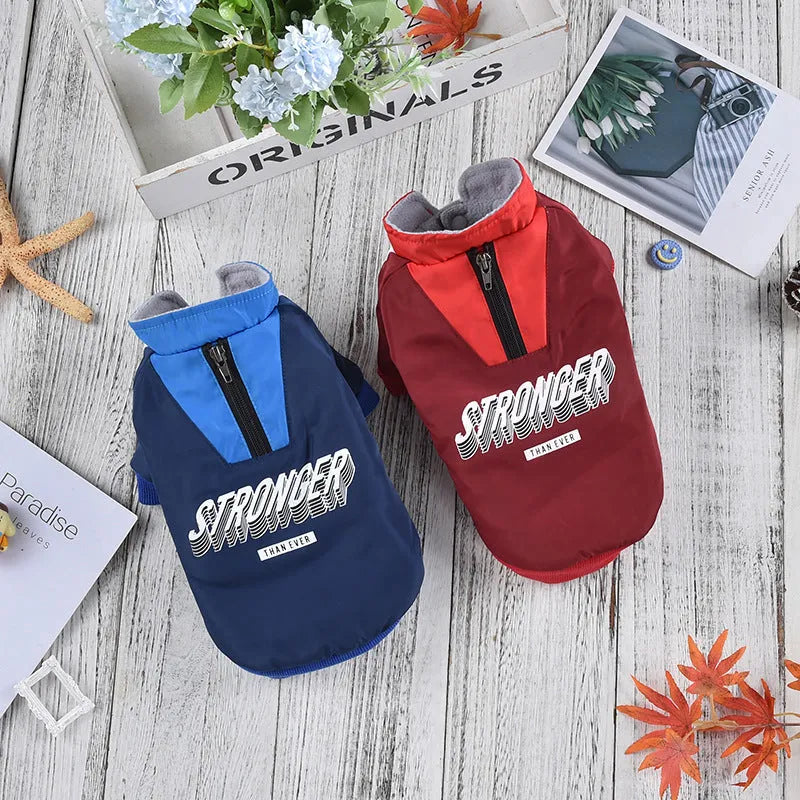 Thick warm pet dog cotton coat with V-shaped splicing, shown in red and blue, sizes XS to 3L