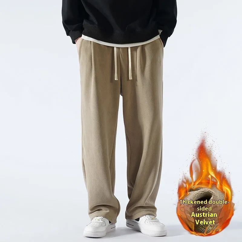 Men's double-sided polar fleece winter trousers with wool lining in loose fit Korean style