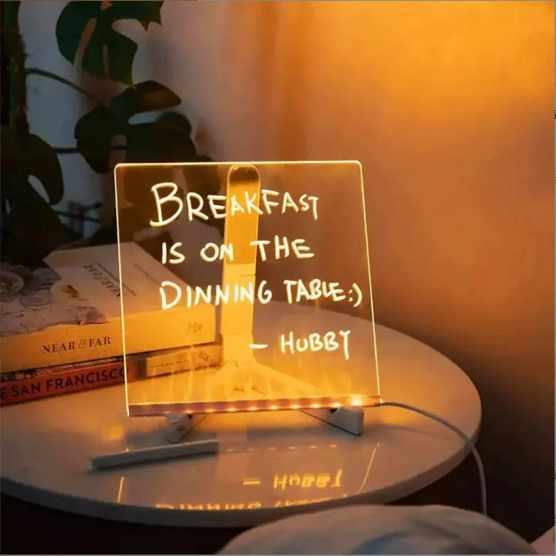 DIY transparent acrylic LED message board desk lamp with handwritten note and soft blue glow