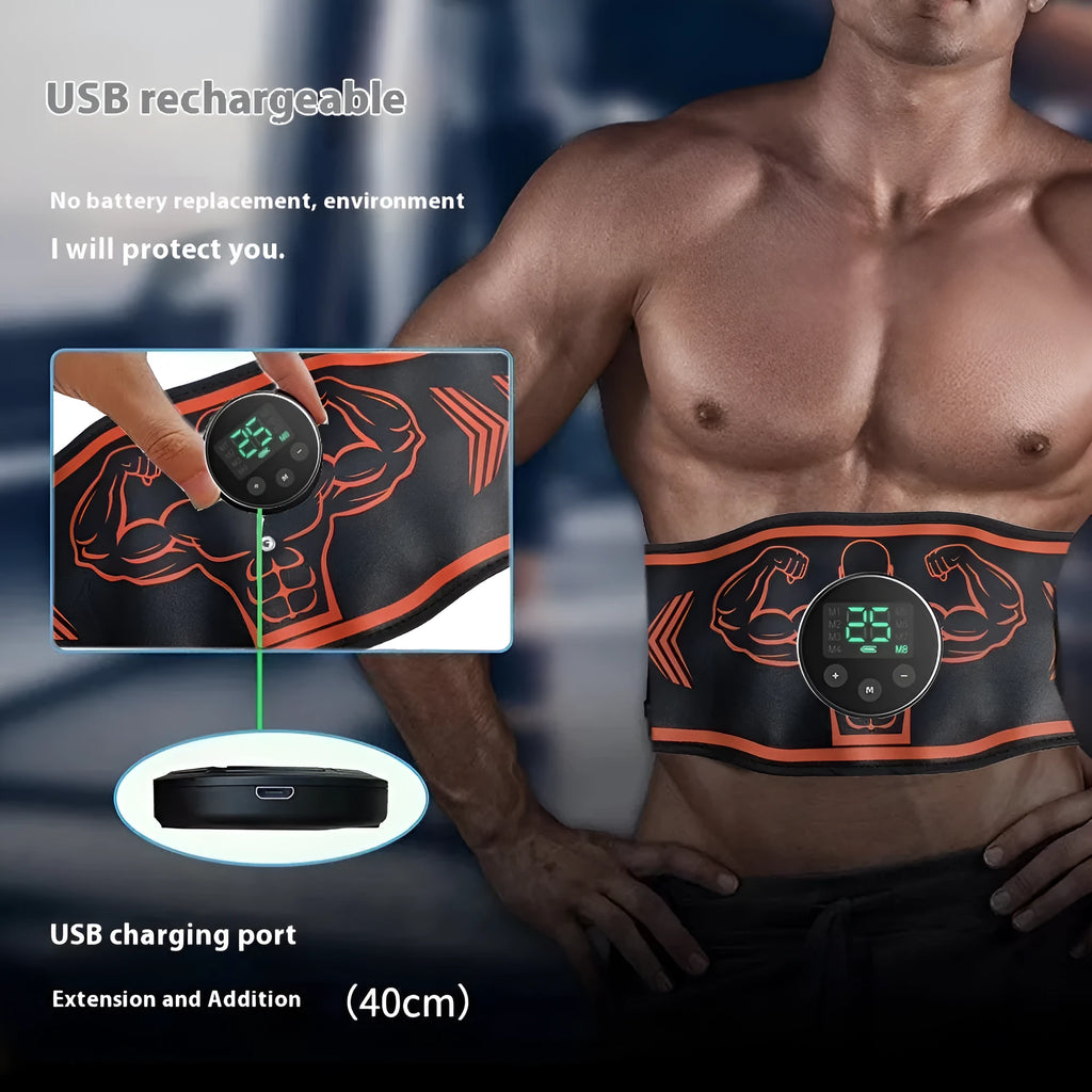 Blue and orange EMS smart massage belt kits with host unit, main belt, and arm electrodes on a grey background.