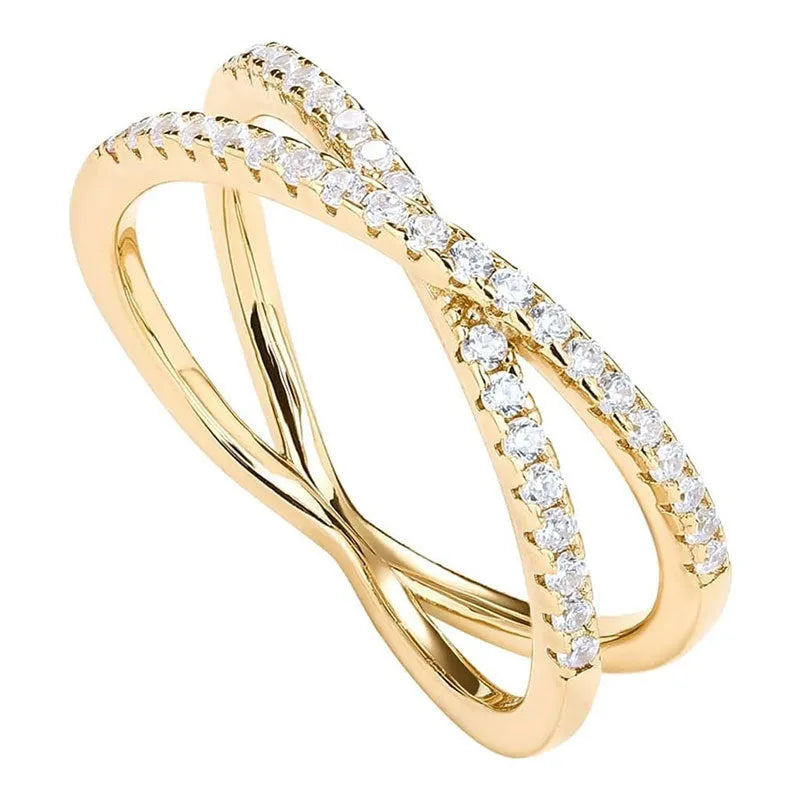 Silver cross ring with diamond-embedded half circle wide band in rose colour finish on white background