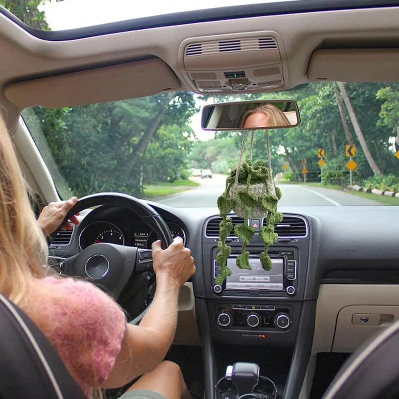 Green and white knitted wool car plant ornament with hanging rope.