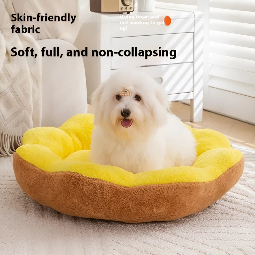 Round plush rabbit cat bed with removable inner nest in brown grey colour, showing deep walls.