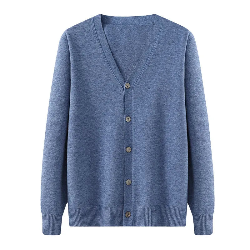 Men's loose-fit V-neck cardigan coat in Andy velvet fabric shown in beige colour.