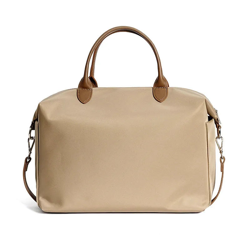 Black waterproof nylon simple shoulder bag with shoulder strap, shown next to light khaki colour option.