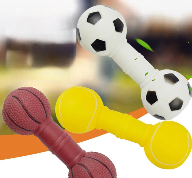 Brown, orange, white, and yellow PVC football and dumbbell shaped squeaky dog chew toys.