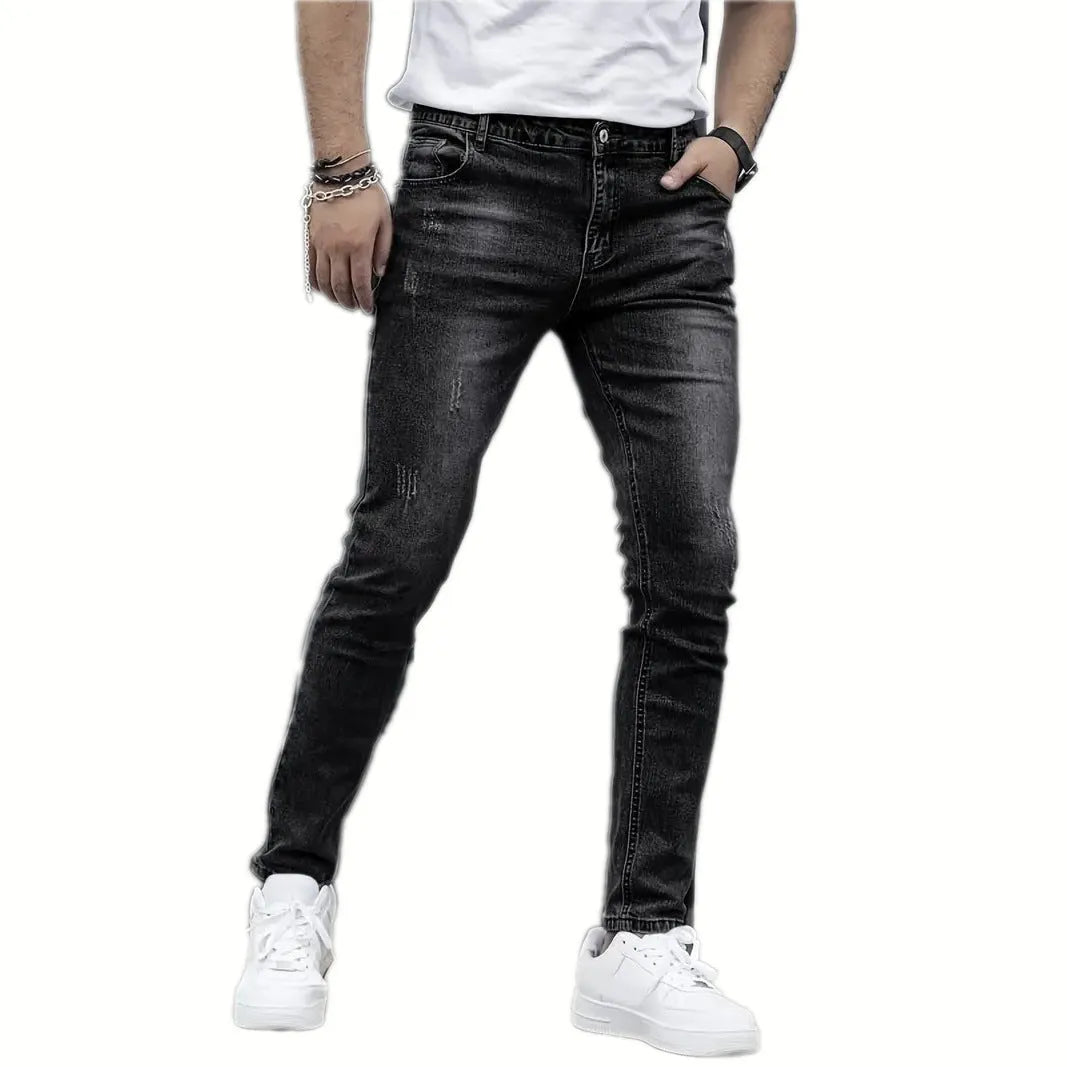 Men's stretch cotton jeans in straight leg cut available in black, dark blue and grey colours