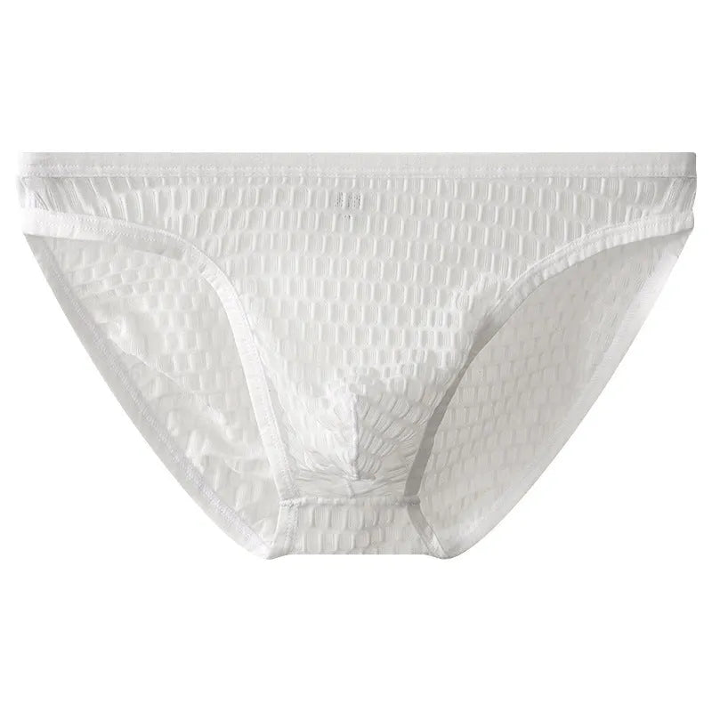 Men's low waist transparent visual lace underwear in multiple colours on a size chart