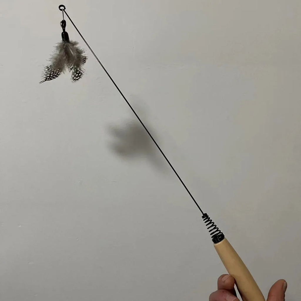 Close-up of a feather and bell replacement head for a spring cat teasing stick toy.