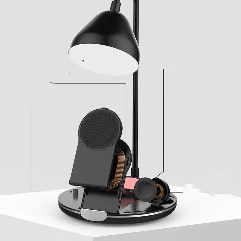 Black and white magnetic folding wireless charger with USB cable showing folded and upright positions