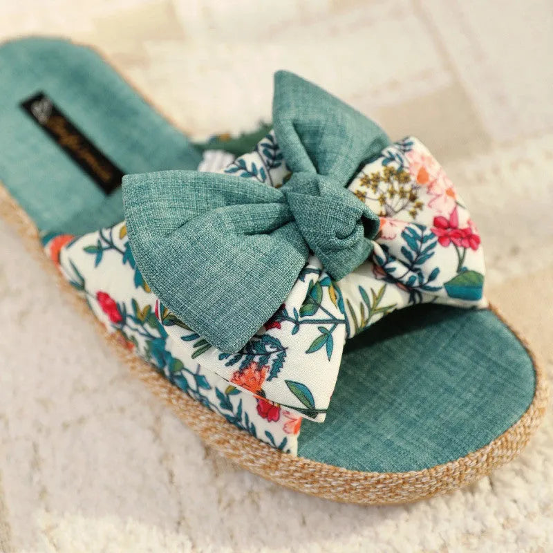 Women's linen non-slip open toe slippers with bow detail in Sea Blue on a light background