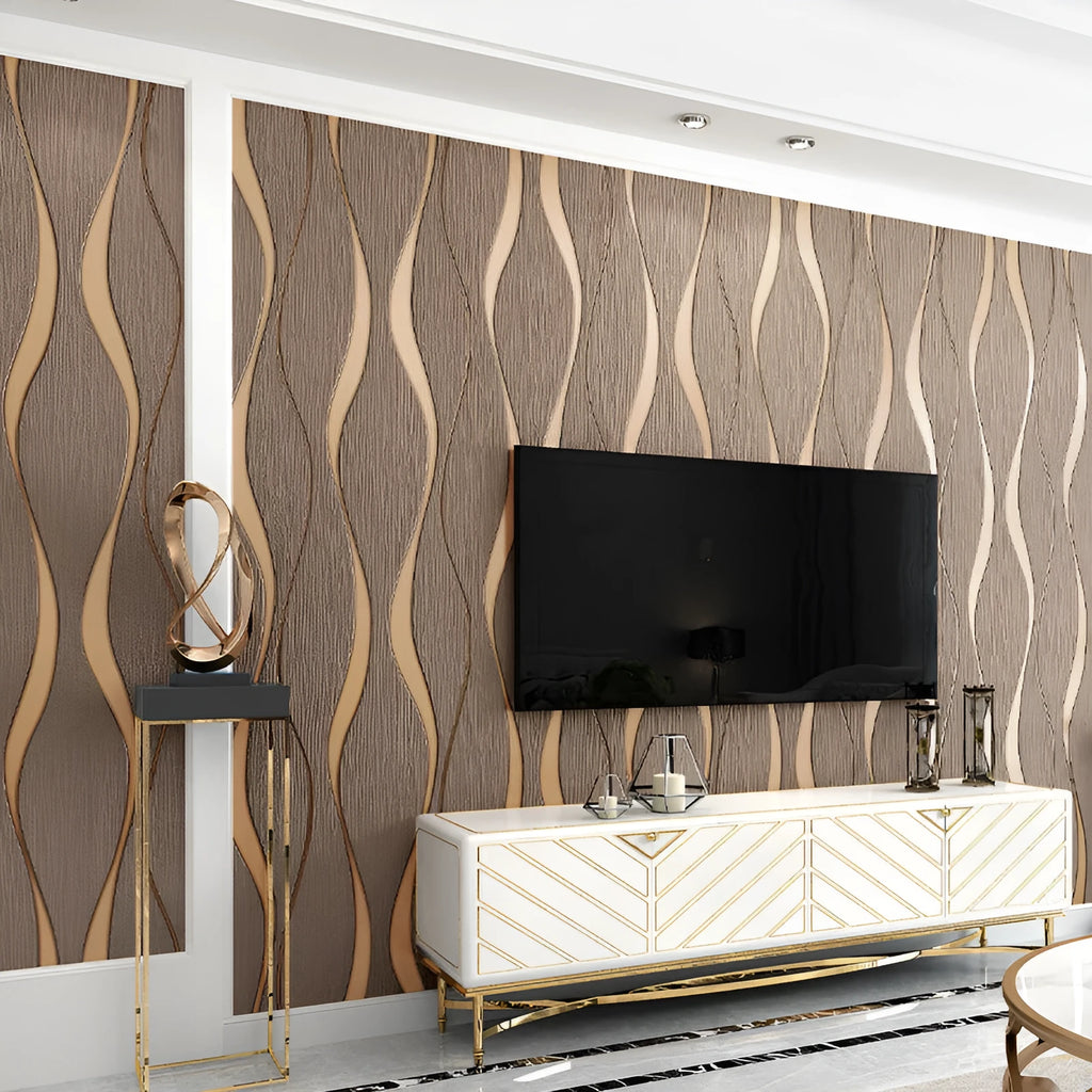 Curve Stripe textured 3D wallpaper roll with thick deerskin velvet surface in dark brown.