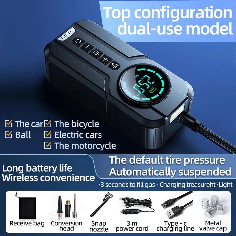Black portable air pump with a digital display, power cord, and accessory nozzles for inflating car and bike tyres.