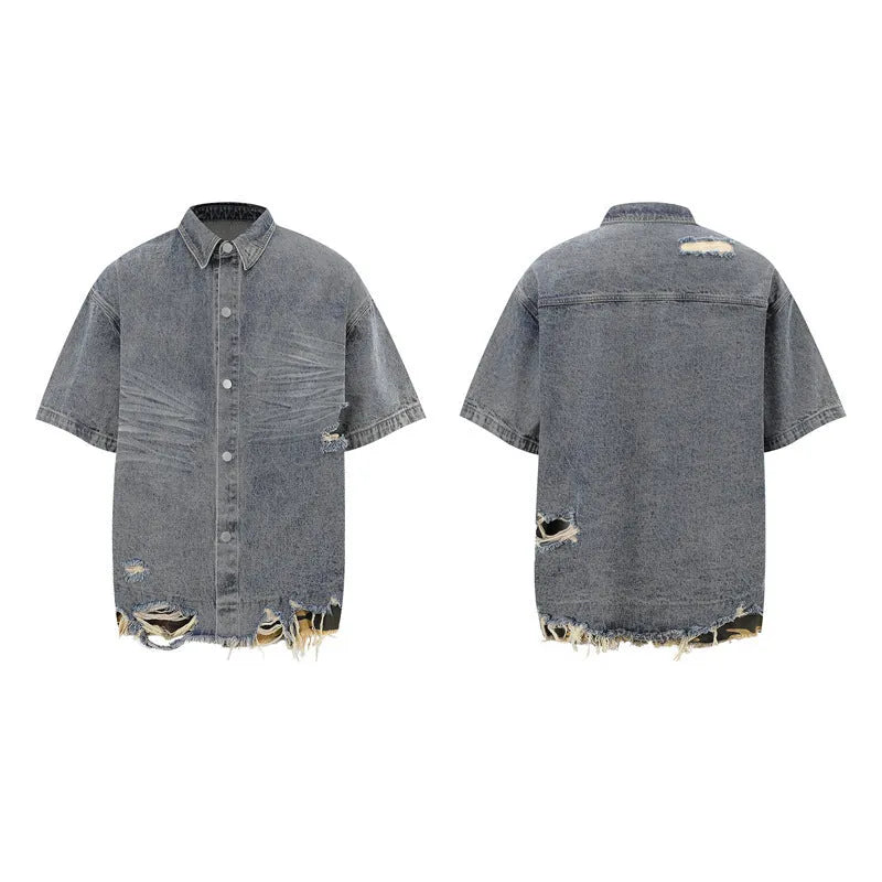 Cut edge stitching leopard print denim short sleeve suit set with black top and shorts