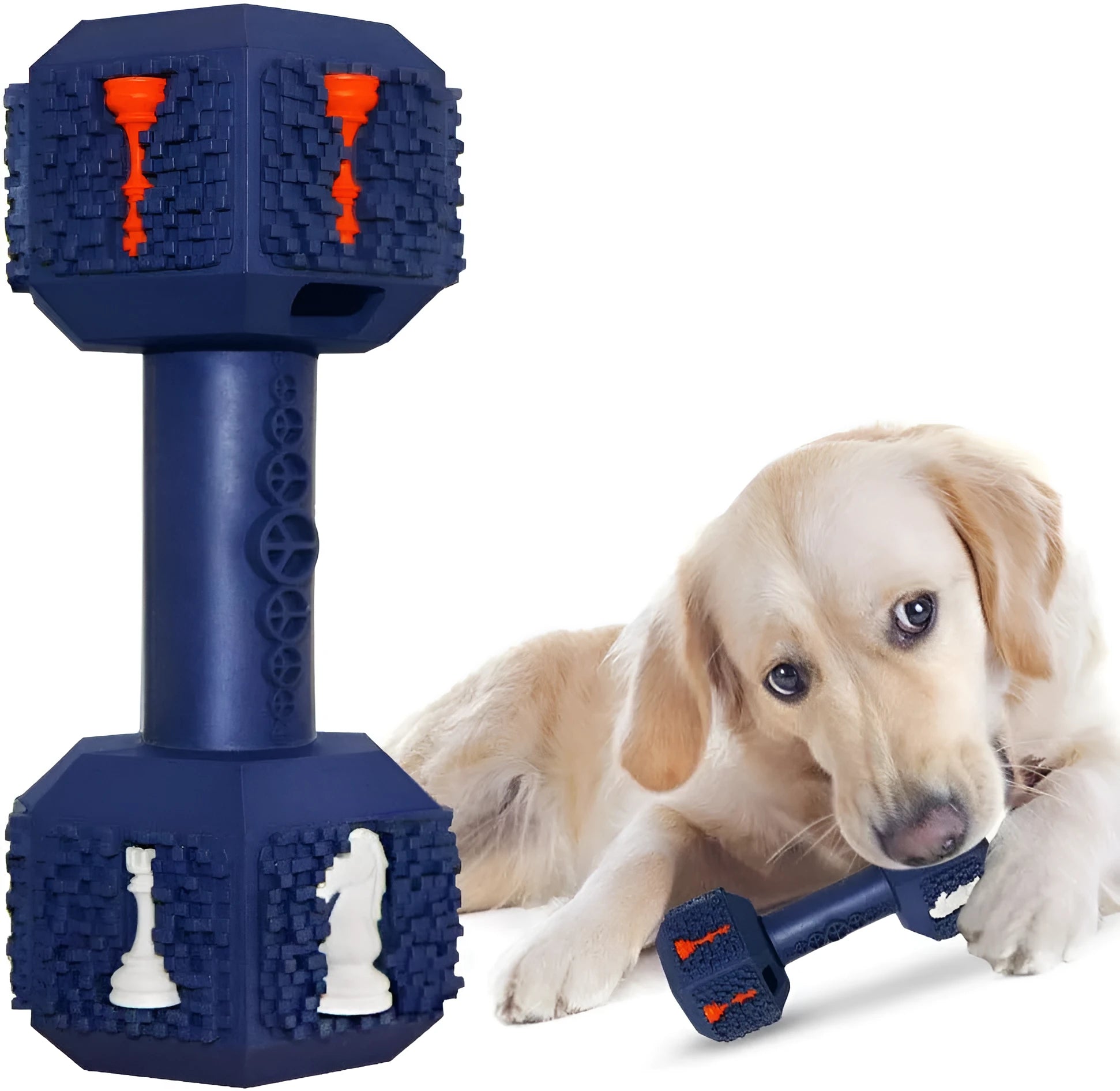 Blue dumbbell-shaped dog chew toy with textured surface and hollow ends for treats