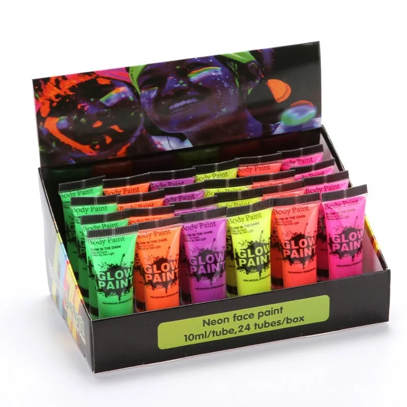 25ml tube of bright neon green face and body paint with safe non-toxic label.
