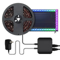 Smart LED light strip with graffiti pattern for TV backlighting, showing smartphone app control interface.