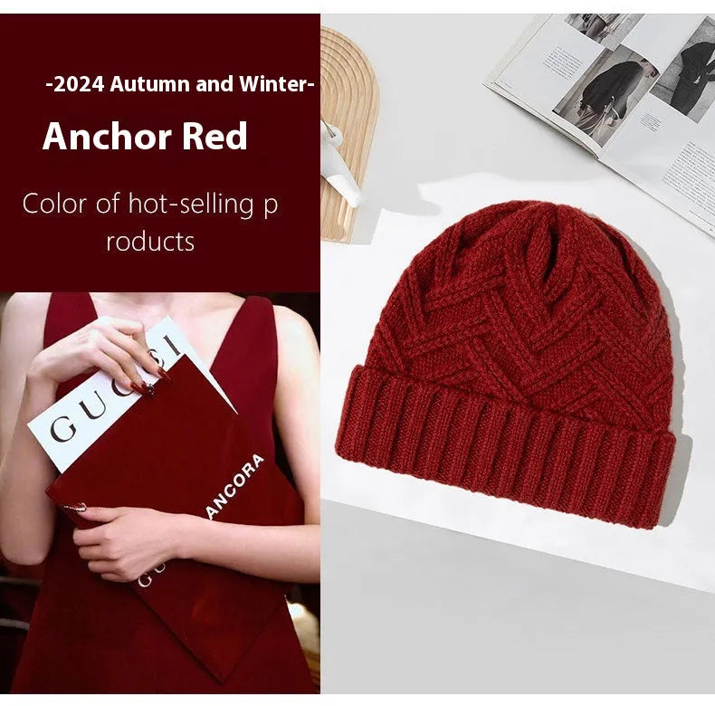 Wool knitted women's winter hat with dome crown and totem pattern in ankela red colour