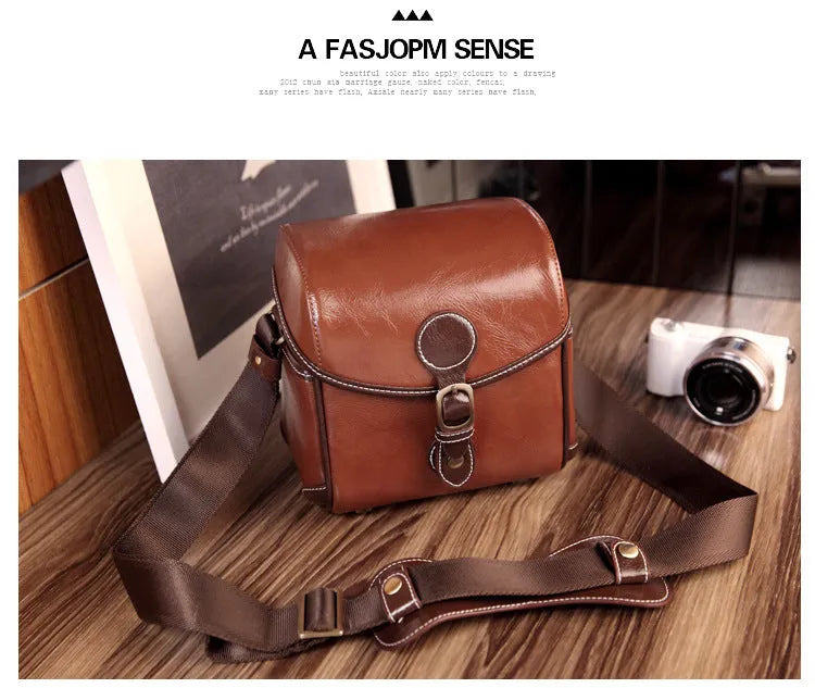Single shoulder SLR camera liner bag in PU leather with polyester cotton insert, shown in reddish brown