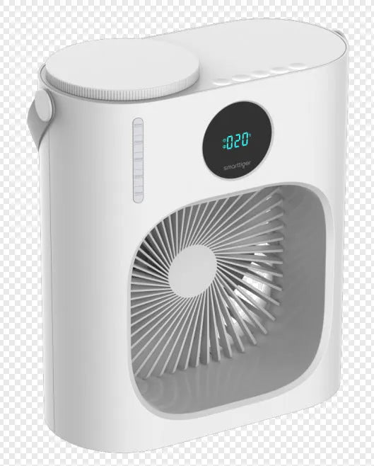 White USB refrigeration air conditioner household fan, 276 x 229 x 148mm, brushless motor, timing screen display.