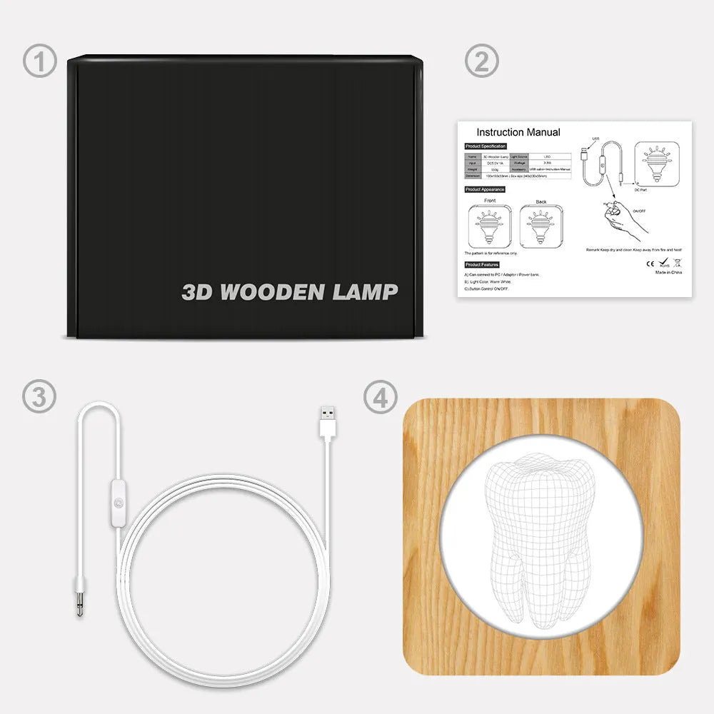 Small tooth-shaped acrylic night lamp in wood colour finish with USB cable