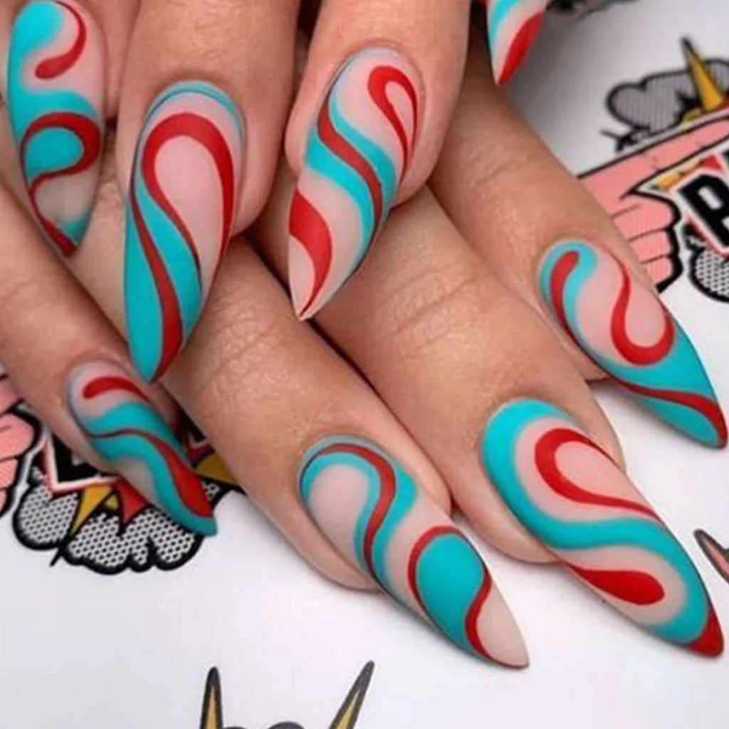 Colourful lines almond-shaped nail stickers in European Square style with four colour options