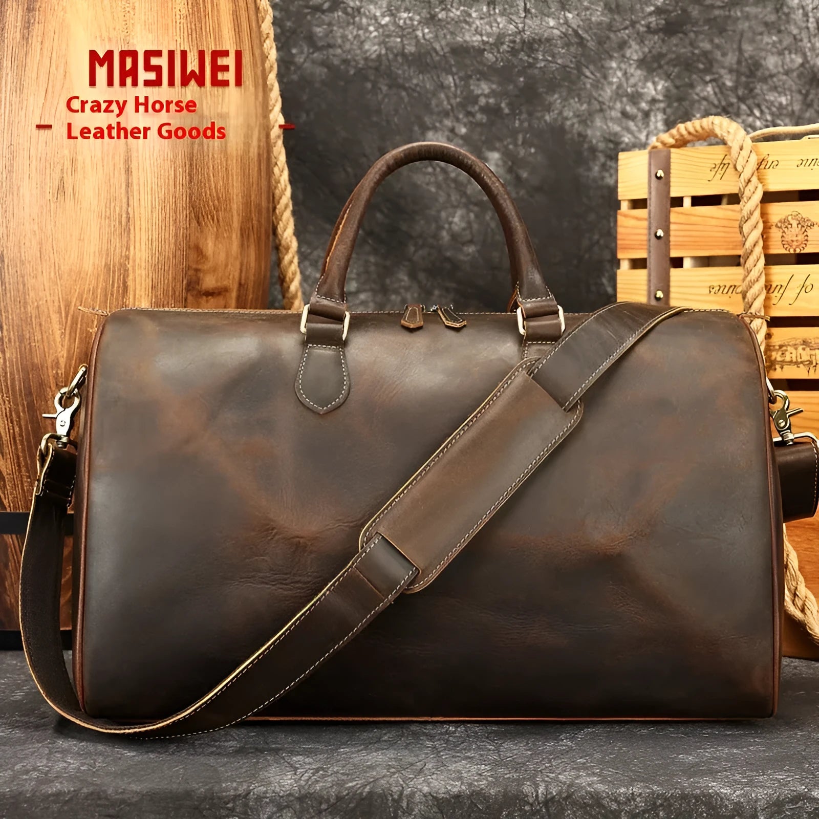 Vintage brown genuine leather large crossbody bag with strap shown open.