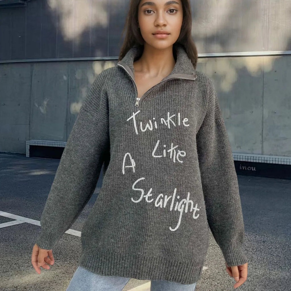 Women's light khaki alpaca wool retro sweater with an oblique zip and loose turtleneck collar.