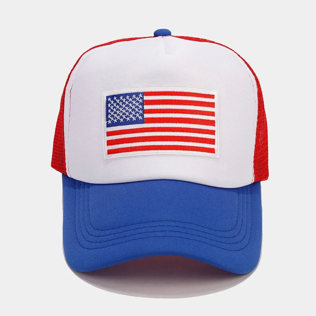 Red and blue contrast mesh baseball cap with adjustable strap and dome crown