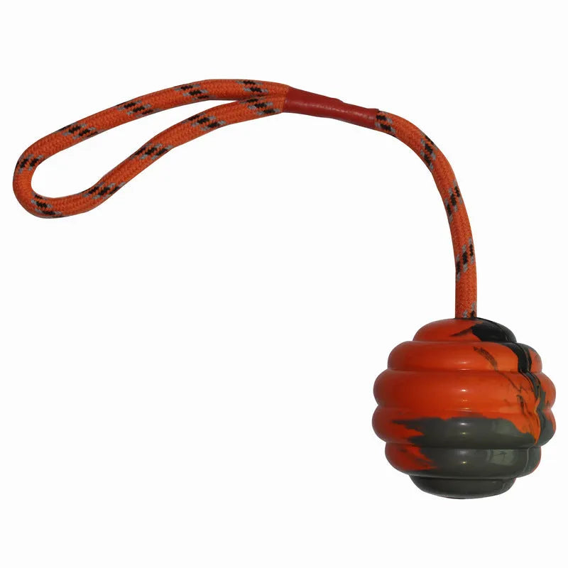 Multi-colour rubber pet training ball with rope knot design, 6x30cm size