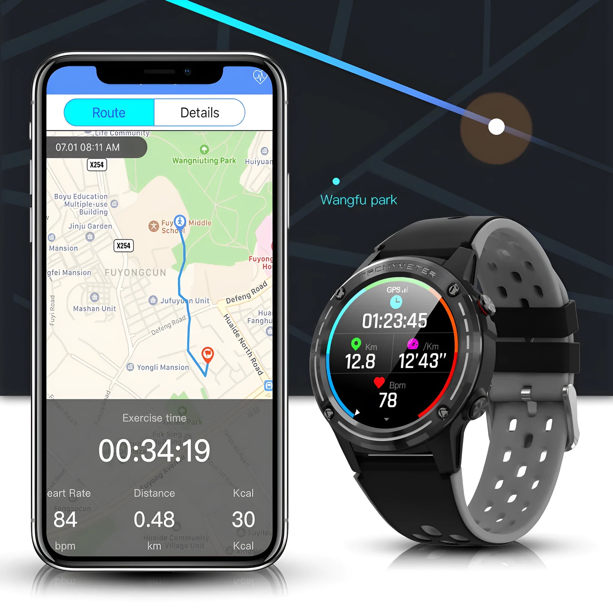 GPS smart watch with silicone sports bracelet showing four colour options: blue, black, cyan, and silver black