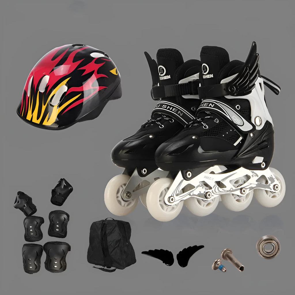 Yellow children's adjustable roller skates with aluminium frame, shown with protective pads, helmet, and backpack.