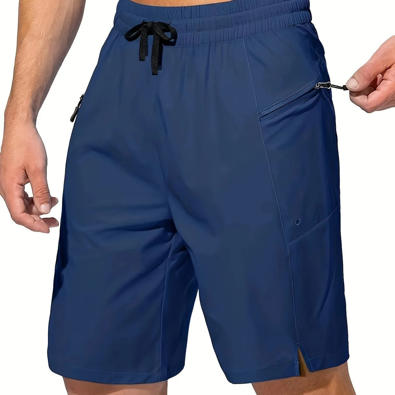Men's quick-drying beach shorts in solid colours showing straight-leg design and polyester fabric texture