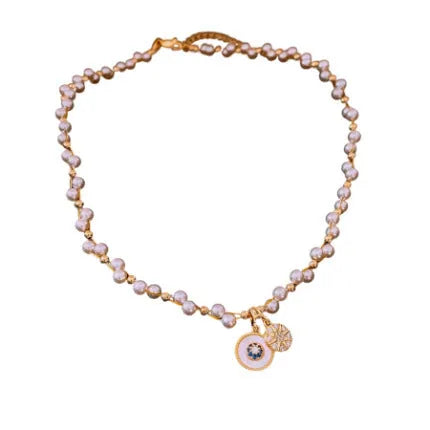 Gold electroplated zircon pearl round pendant necklace on clavicle chain with Chinese style design